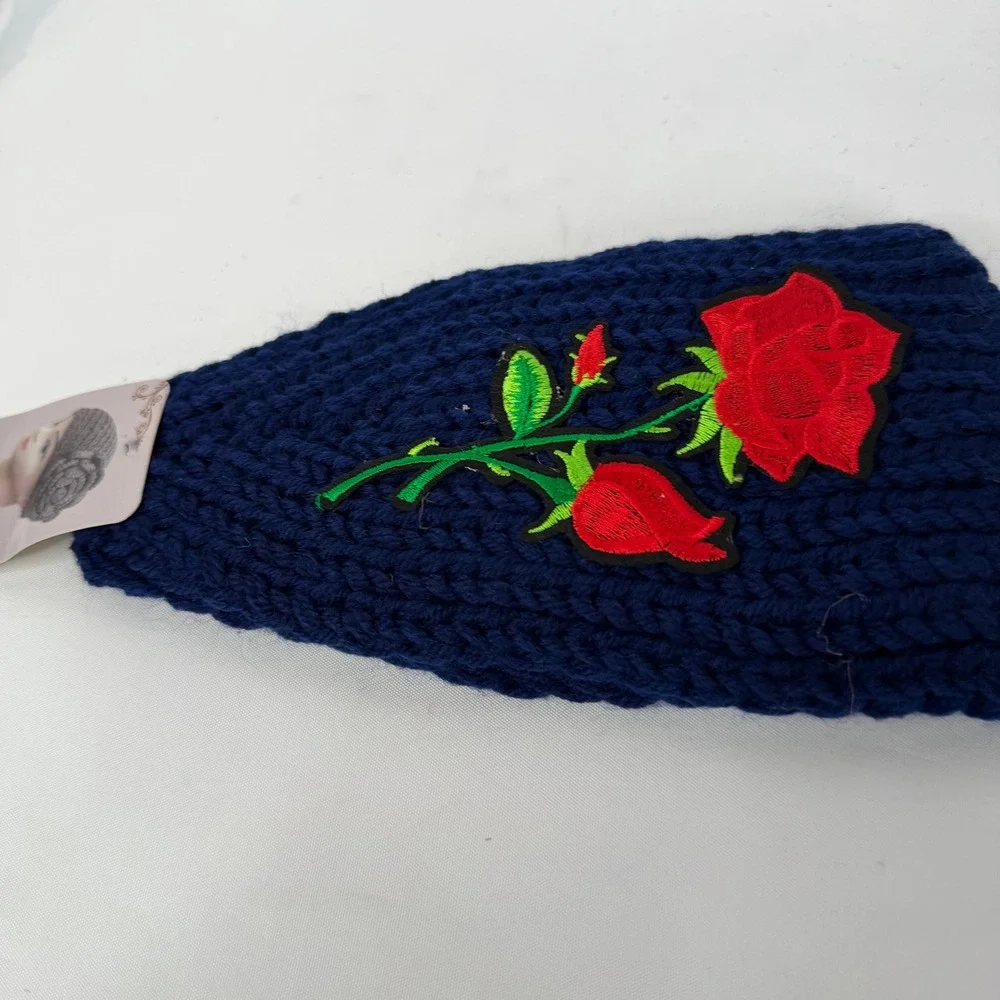 Navy Blue Cable Knit Rose Embroidered Headband Ear Warmer WT-510R New